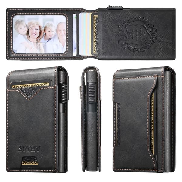 SUTENI Card Holder Automatic Pop-Up Metal Imprint Waxy Texture Svart 111