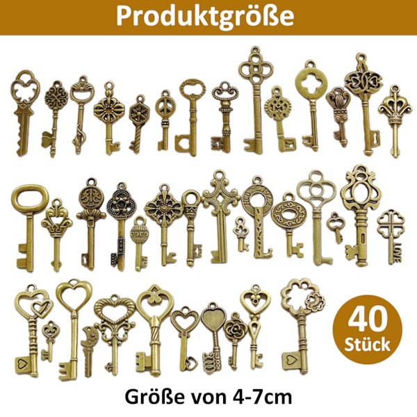 40 kpl Vintage Avainsetti, Suuri Pronssinen Avainkoriste, DIY-setti, Rustiikkinen Avaimenperäsetti, Antiikkiset Avaimet DIY-koruihin, Riipuksiin, {EE}