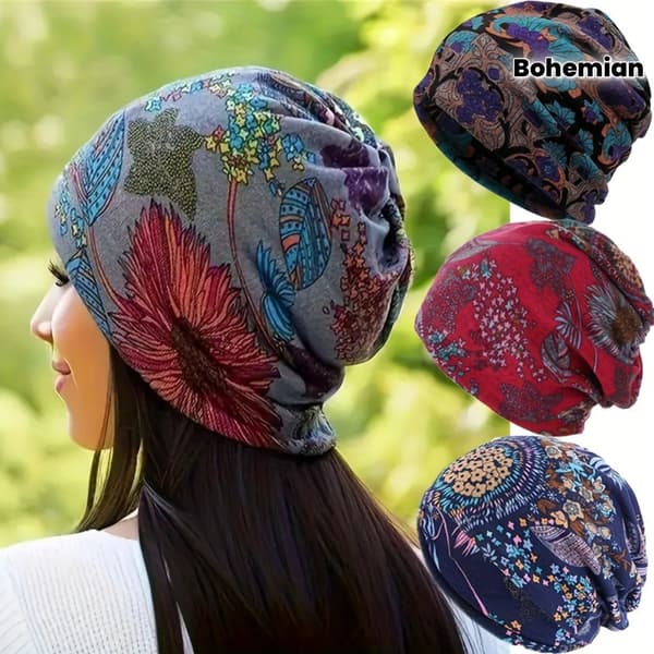 4 stk. Boheme Blomster Beanie Sæt - Blød Strækbar Kemoterapi Hovedbeklædning til Kvinder, Grå/Rød/Blå/Sort Efterår Vinter Hatte 4 Pieces