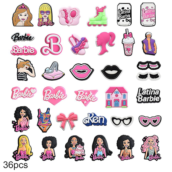 36 stk/sett Barbie-tema sko charms for Crocs Clogs Sandaler Dekorasjon Tilbehør Gaver