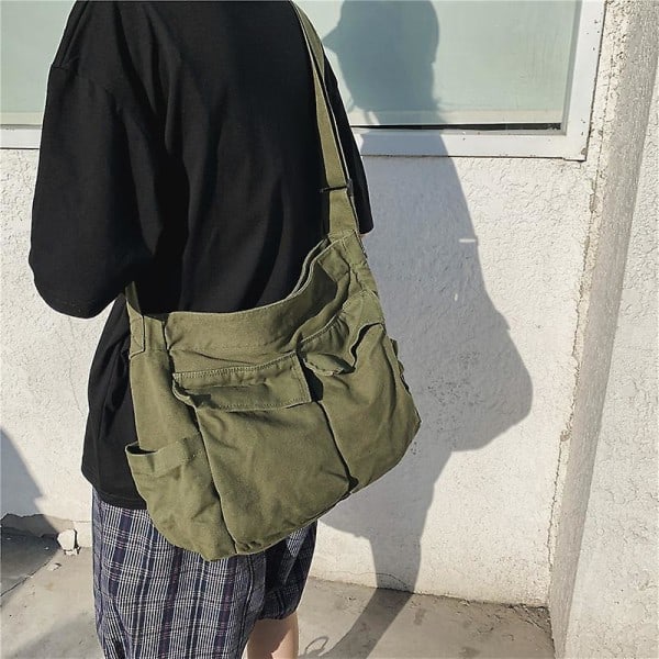 Stor Canvas Messenger Bag med Flere Rom - Casual Skulderbag for Kvinner og Menn Green