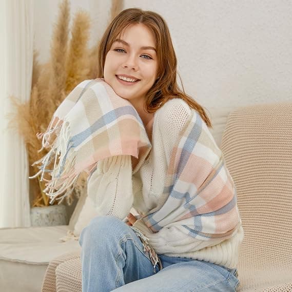 Varmt Oversized Tørklæde til Kvinder 200x60cm Polyester Plaid Sjal Vinter Wrap Pink