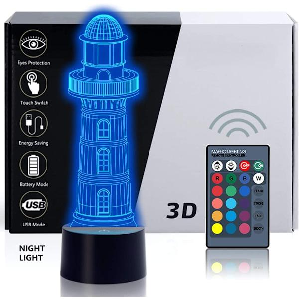 3D Optical Illusion Lighthouse Night Light, 3D Lighthouse Lamp 16 Color Variations, Smart Touch Button USB and Battery Operation, Amazing Creative Art