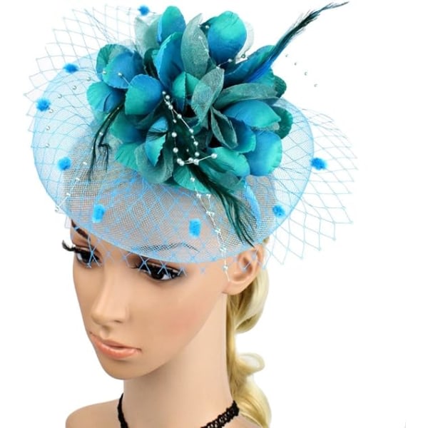 Women's Fascinators Pillbox Hat Ladies Flower Bowler Hat Feather Wedding Cocktail Hat Hair Clip Party Hat Hair Accessories with Hair (Lake Blue)