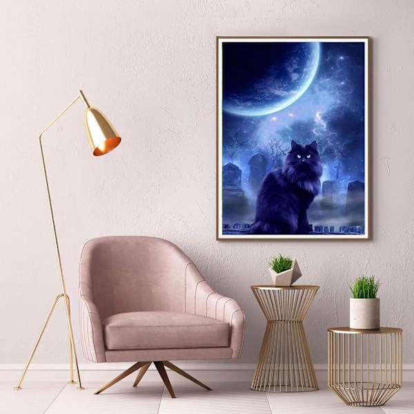 5D Timanttimaalaus Kuu Yö Musta Kissa Numeroiden Mukaan Sarjat Maalaa Timanteilla Taide, DIY Kristallityöt Täysi Porakruunu Ristipisto Koristelu 16x20 tuumaa
