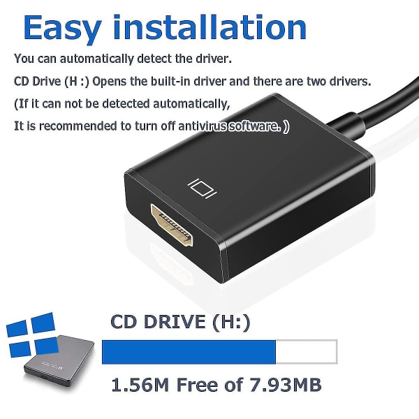 USB til HDMI-adapter, USB 3.0/2.0 til HDMI-lydadapter, HD 1080p videografikkabelkonverter til pc, bærbar computer