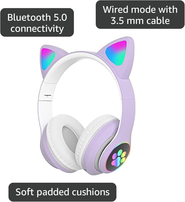 Trådlösa Bluetooth-hörlurar med kattöron purple