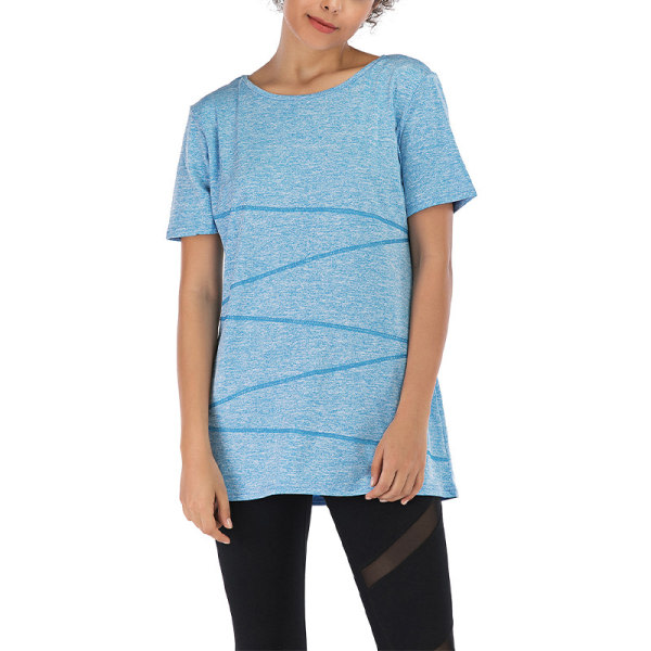 Naisten raidallinen toppi, lyhythihainen T-paita, rento paita, sininen, XL