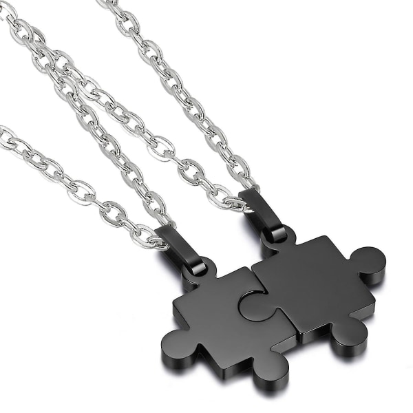 2 Pieces Black Stainless Steel Puzzle Matching Pendant Couple Necklace Set With 18" & 22" Chain