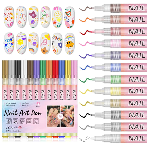 12 Färger Nagelkonstpennor för Nagelkonstdesign Akrylfärg Nagelkonstmarkörer Ritning Målning Nagelkonst Graffiti Penna Snabbtorkande Vattenbaserad{hh]