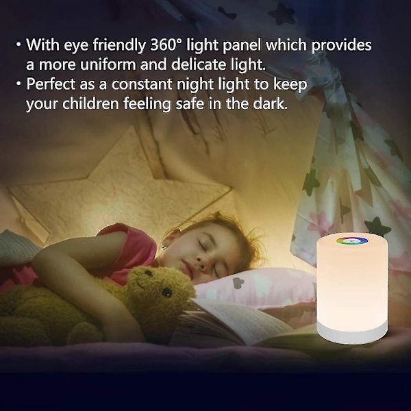 Smart Touch Kontroll LED Nattlampa, USB Uppladdningsbar Sänglampa, Dimbar och Portabel, Färgskiftande RGB för Barn, Sovrum, Camping - Varmvitt
