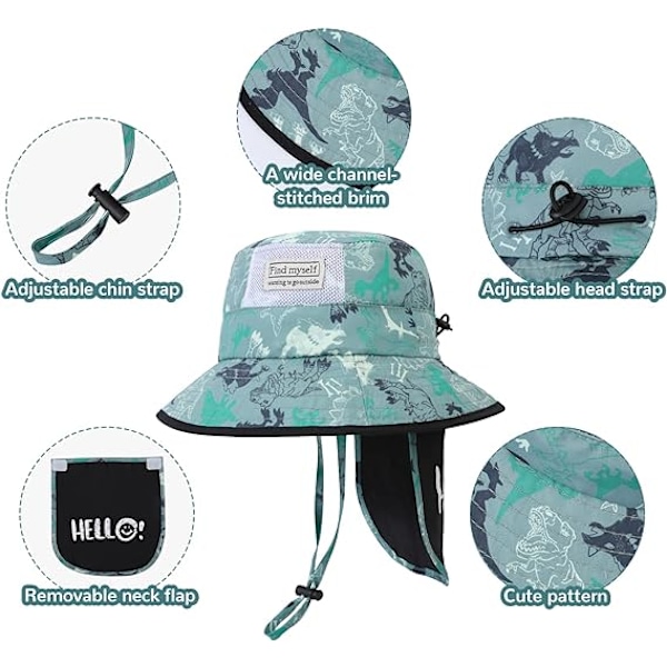 Solhatt Barn Sommar Bucket Hatt Bredbrättad Strandhatt med Hakband UPF50 Dinosaurie Keps för Barn 2-10 År