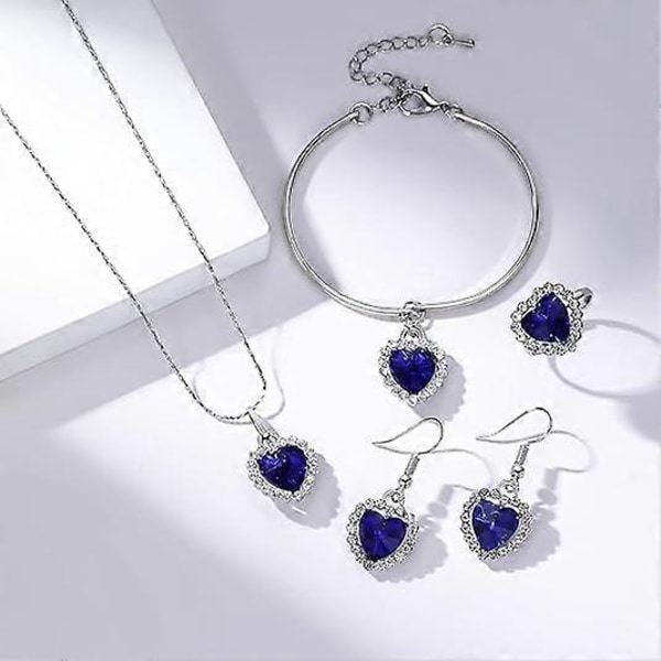 Titanic Havets Hjerte Halskæde Øreringe Armbånd og Ringe Smykkesæt, Sølv Blå Safir Krystal Halskæde Vedhæng Bryllup Prom Smykker