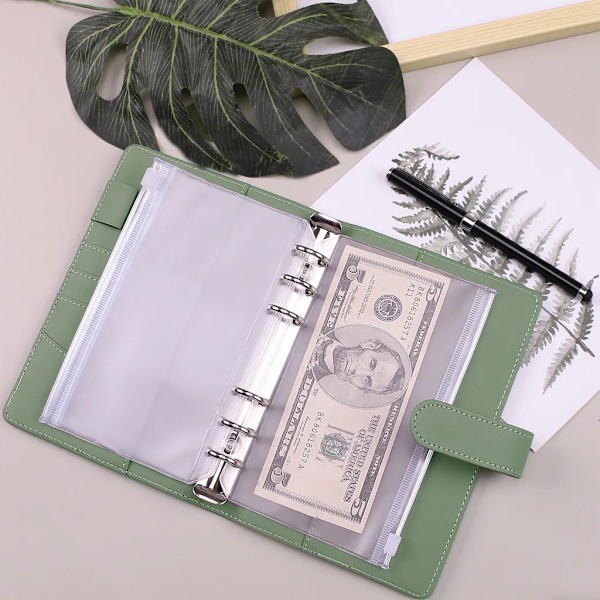 Notesbog Binder, Notesbog Binder med Lynlåslomme, A6 Budget Binder med 12 Binderlommer og 21 Mærkatetiketter (Grøn)