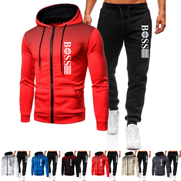 Höst-Vinter Träningsset för Män Sportkläder Hoodie Jacka Sweatshirt Byxor Röd-Svart Röd-Svart Red-Black L