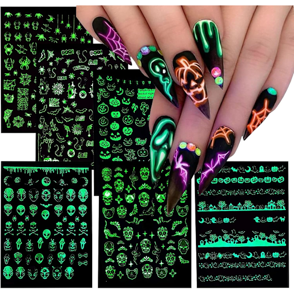 6 Luminous Black and White Halloween Nail Decals, Glow in the Dark