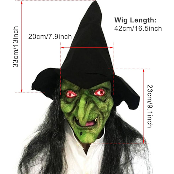Halloween-noitanaamio hiuksilla ja hatulla, pelottava vanhan naisen naamiaisasu, pelottava lateksinen cosplay-naamio naamiaisesityksiin ja asusteisiin