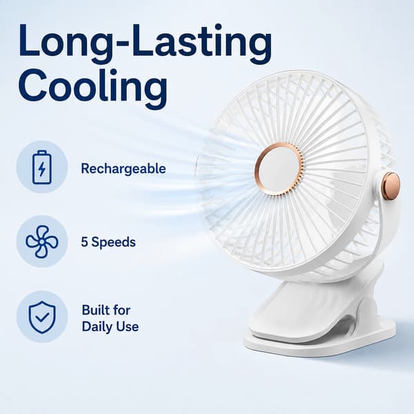 Bærbar Clipventilator, 5-trins Mini Bordventilator med Klips, Stativ og Ophængsdesign, 720° Rotation til Hjem, Kontor og Rejser White