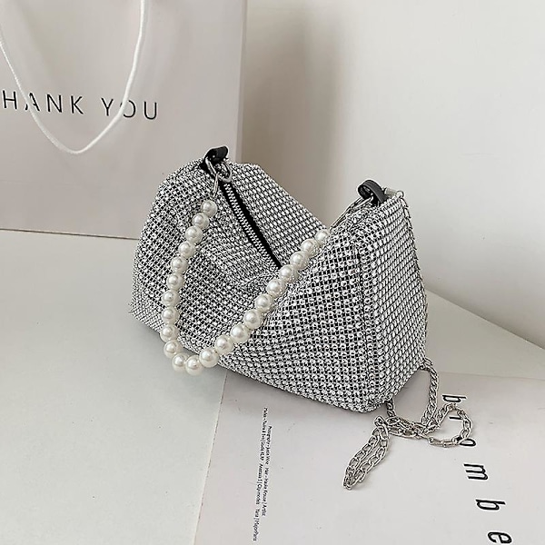 Glitrende Rhinestone Skuldertaske Aften Dame Luksus Skinnende Håndtaske Crossbody Taske, 1 stk - sølv