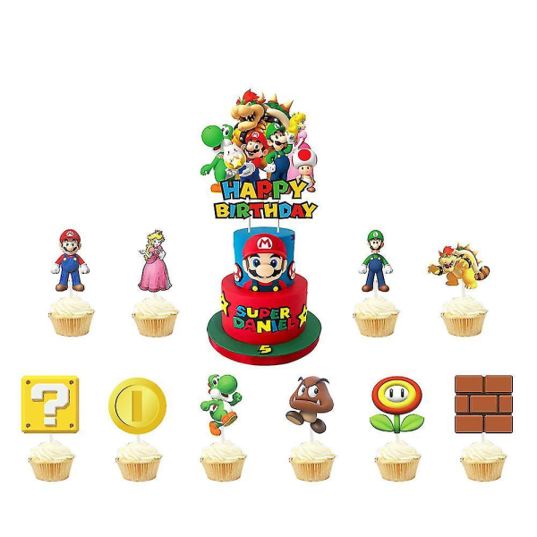 Super Mario Bursdagspynt Ballonger Kit Vimpel Banner Kake Cupcake Toppers Sett