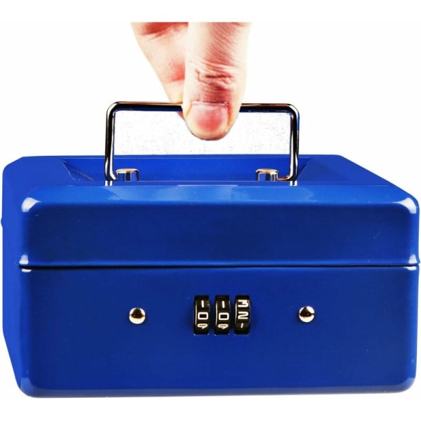 Pieni kassalipas yhdistelmälukolla - tukeva metallinen kassalipas käteisosastolla, 15 × 12 × 8 cm (sininen, pieni)