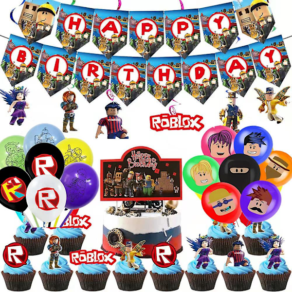 Roblox Fødselsdagsfestartikler, Virtual World Festpynt Sæt Inklusive Banner, Balloner, Kage/Cupcake Pynt, Hængende Spiral