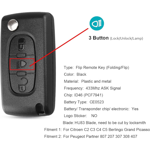 433 MHz Fjärrkontrollnyckel med 3 knappar, vikbar, skal med PCF7941-chip och HU83-blad för Peugeot Ci-tro-en C2 C3 C4 C5 Berlingo Picass HU83 Blade and Ce0523 battery holder