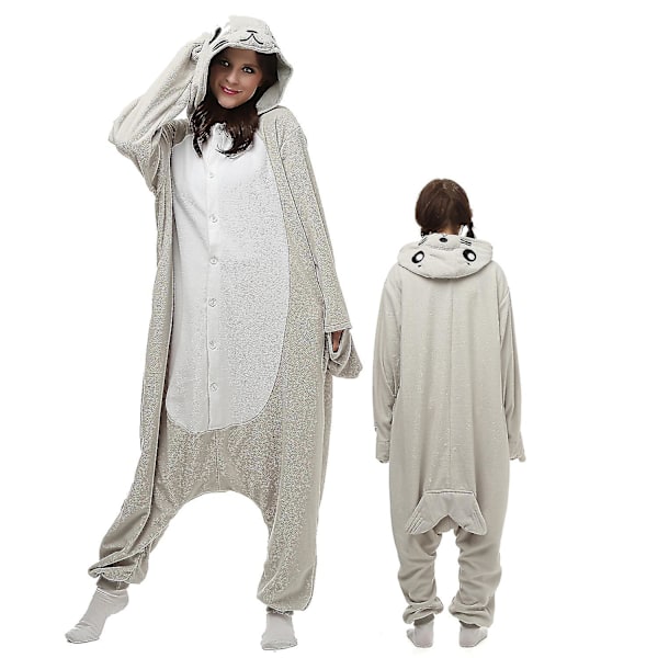 Harmaa hylje onesie aikuisille naisille ja miehille eläinkigurumi-pyjamat piirrettyjen pyjamat kotivaatteet halloween cosplay-puvut L