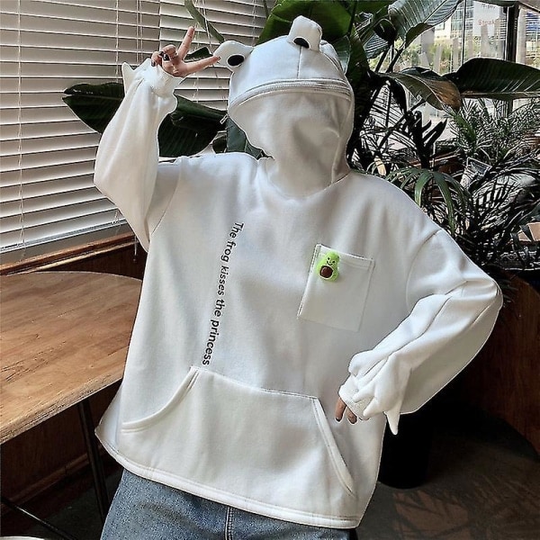 Fleece Hættetrøjer Frø Hættetrøje Vinter Varm Tyk Løs Oversized Sweatshirt Overtøj Sort L