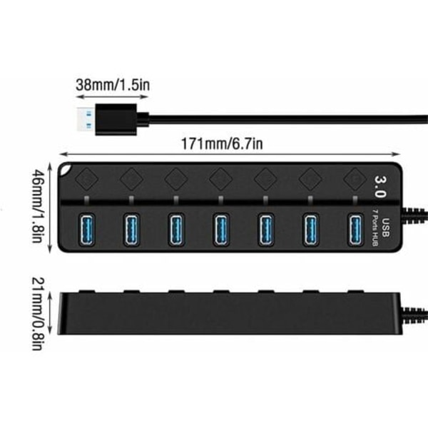USB 3.0 Hubb, Multi 7 Port USB Strömförsörjning med Oberoende Strömbrytare, Drivna USB 3.0 Hubb, Flera USB Portar för PC, Laptop, MacBook, Mac Pro