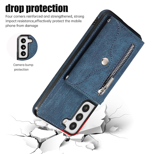 Til Samsung Galaxy S22 5g telefonetui Kickstand RFID-blokering Kort etui PU Læder+TPU cover Blue