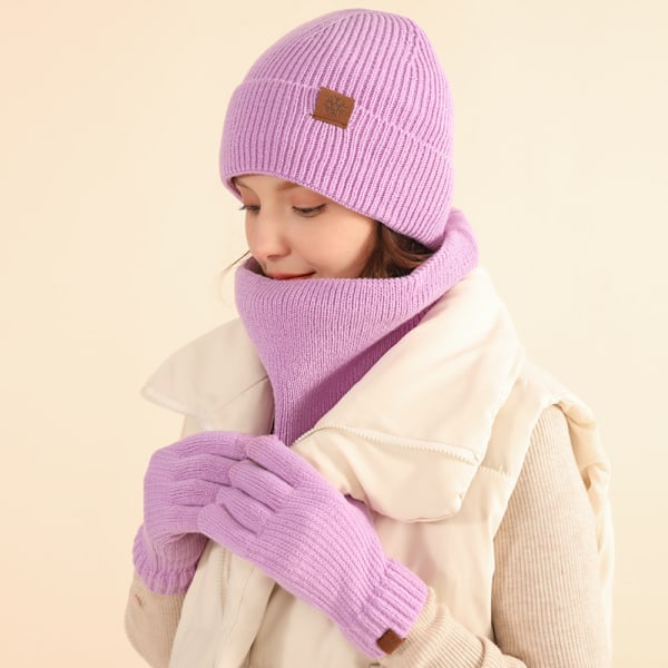 Vinterlue, skjerf og hansker - tredelt sett med fleecefôr, berøringsskjerm, utendørs kuldebeskyttelse, tykk strikket Light purple three-piece set