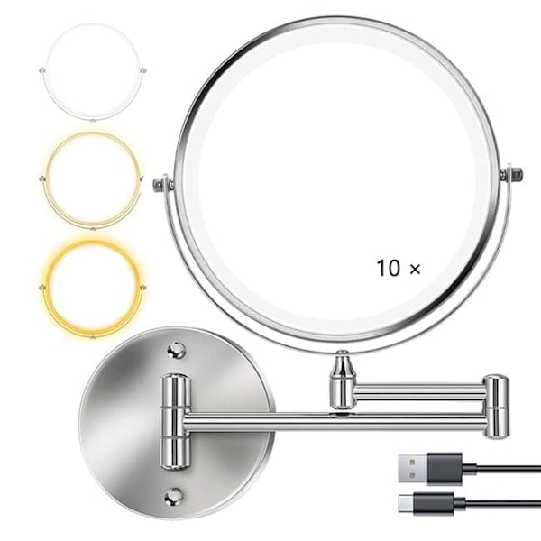 Wall Mounted Makeup Mirror with Lighting - 8 inch, 3x/10x Magnification, Dimmable with 3 Light Modes, 360° Rotatable Double-Sided Mirror Silver Silver 10X