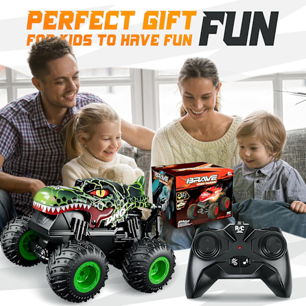Monster Truck Leker, 2.4GHz RC Monster Trucks for Gutter, 1:20 Dinosaur RC Biler med Lys og Musikk, Fjernstyrt Stuntbil, 360° Spinn, for Barn Green