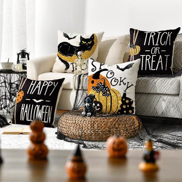 Happy Halloween Boo Svart Katt Knask eller Knep Putetrekk, 45 x 45 cm Skummel Gresskar Flaggermus Putetrekk for Sofa Sofagruppe 4-Pakning