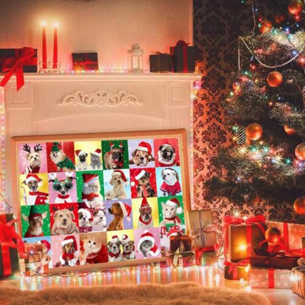 1008-brikkers Julekalender Puslespil 24 Dages Nedtælling Overraskelse Blind Box Børn DIY Jule Dyr Puslespil Gaveæske, 100% Ny