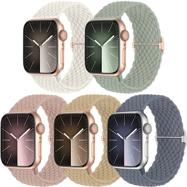 5-pack flätad Solo Loop kompatibel med Apple Watch-band 40 mm, 38 mm, 41 mm för kvinnor och män, justerbart nylon, elastiskt, sportband A A 42/44/45/49mm