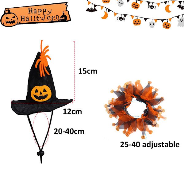 Sæt med 2 Halloween-hatte og hagesmæk, Halloween-kappe og hat-sæt, dekoration