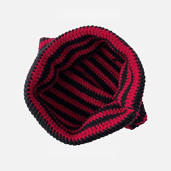 Strikket kattelue med ører, stripete varm elastisk vinterlue, svart og rød Black and Red