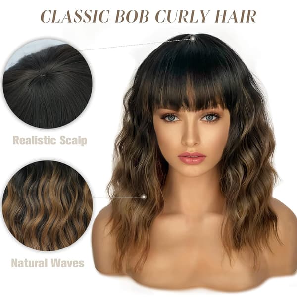 Short Wavy Wig with Bangs for Women Shoulder Length Bob Curly Ladies