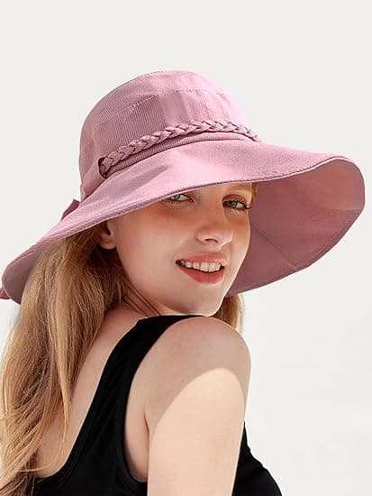 Dame Solhat Bred Skygge Foldbar Spandhat UV Beskyttelse Strandhat Pink Størrelse 58 cm