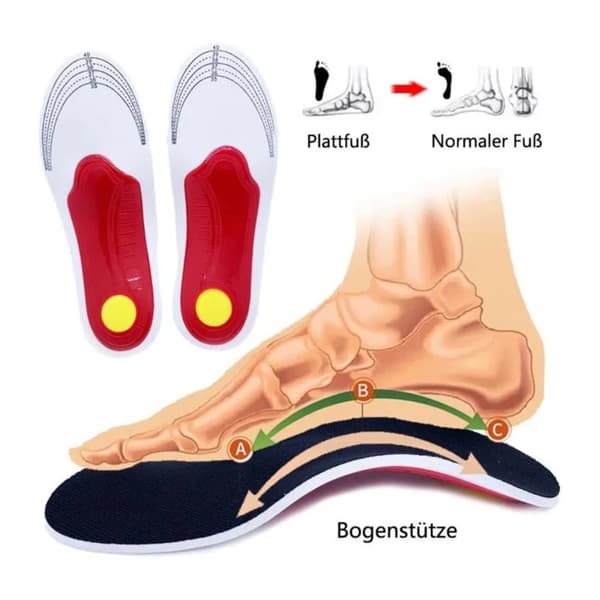 Foot Correcting Insoles, Cuttable, Pressure Reducing, Arch Support, Orthotic Inserts for Flat Feet, Red Bottom, Black Surfaces S(35-40)