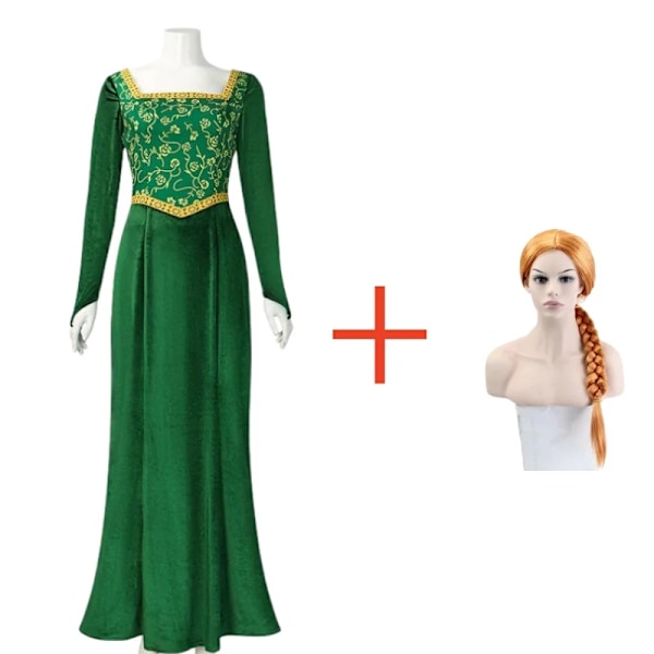 Shrek Cosplay Kostume Anime Prinsesse Grøn Kjole Fiona Kjole Shrek Cosplay Kostume Kvinder Sexy Fløjl Halloween Karneval Tøj M M wig and dress