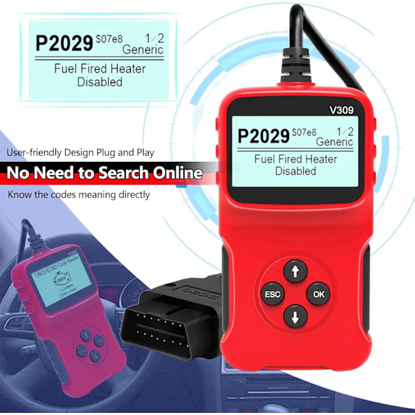 Auton OBD2-skanneri, yleinen langallinen moottorivirhekoodinlukija CAN-diagnostiikkatyökalu V309 moottorin vikavalon tarkistukseen, I/M-valmiuden savutarkastukseen, HD-LCD V309