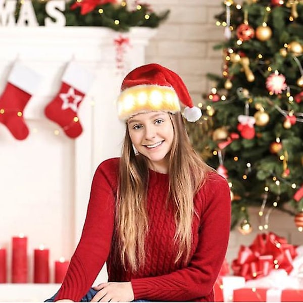 Julenissehatt for barn, kvinner, menn, voksne - Partyhatt for julekostyme med LED-belysning
