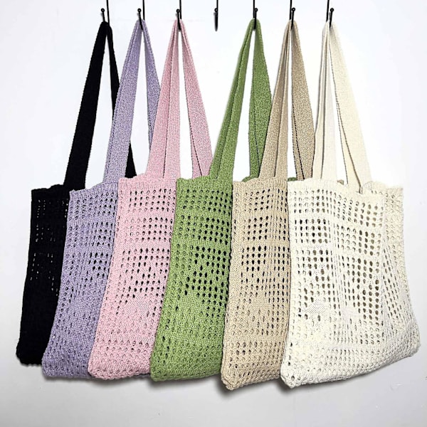 Virkat bohemisk axelväska tote handväska shoppingväska reseväska för dam, 1 st - beige