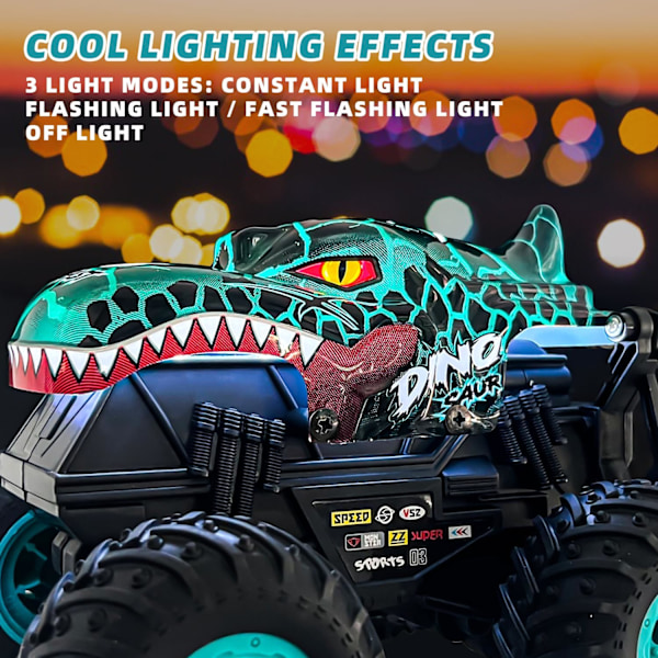 Monster Truck Leker, 2.4GHz RC Monster Trucks for Gutter, 1:20 Dinosaur RC Biler med Lys og Musikk, Fjernstyrt Stuntbil, 360° Spinn, for Barn Blue