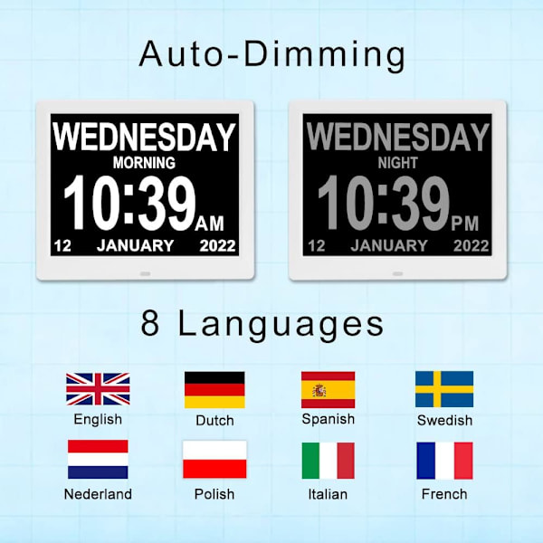 Digital kalenderdag, stort display dag dato, tid, 8 alarm demens ur til seniorer nedsat syn hukommelsestab, 3 medicinpåmindelser 9\" Mini