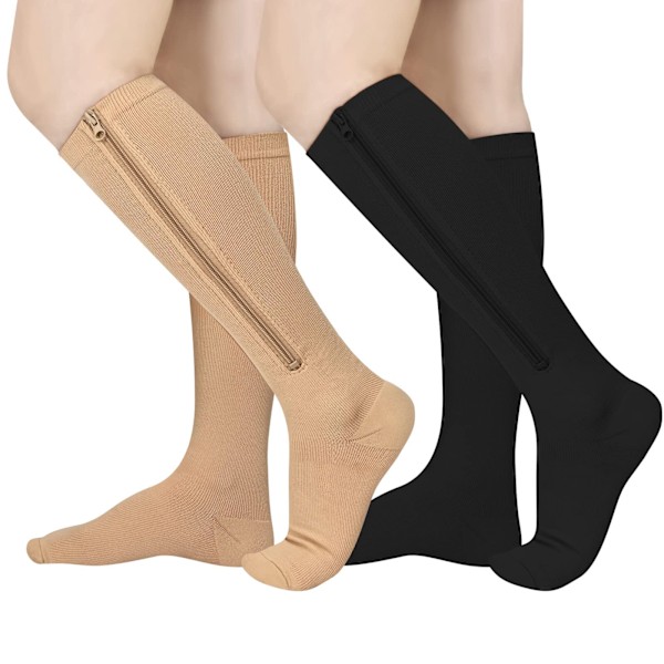 2 Pairs Zipper Compression Socks For Women Men Medical 15-20mmHg Closed Toe Flight Socks Graduated Support Socks L/XL