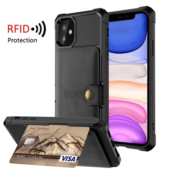 iPhone 11 - Stødsikkert Cover 4-RUMS Kortholder Sort Black